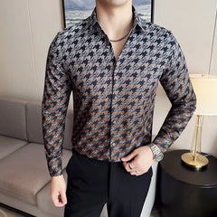 Threebooy  Brand Thousand Bird Grid Gradient Printed Men's Shirt Long Sleeve Slim Casual Shirts Fashion Social Business Dress Shirt