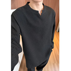 Threebooy Autumn Long Sleeved T-shirt Men Solid Color Casual V-neck T Shirt Men Streetwear Korean Loose Pullover Stripe T Shirt Mens Top