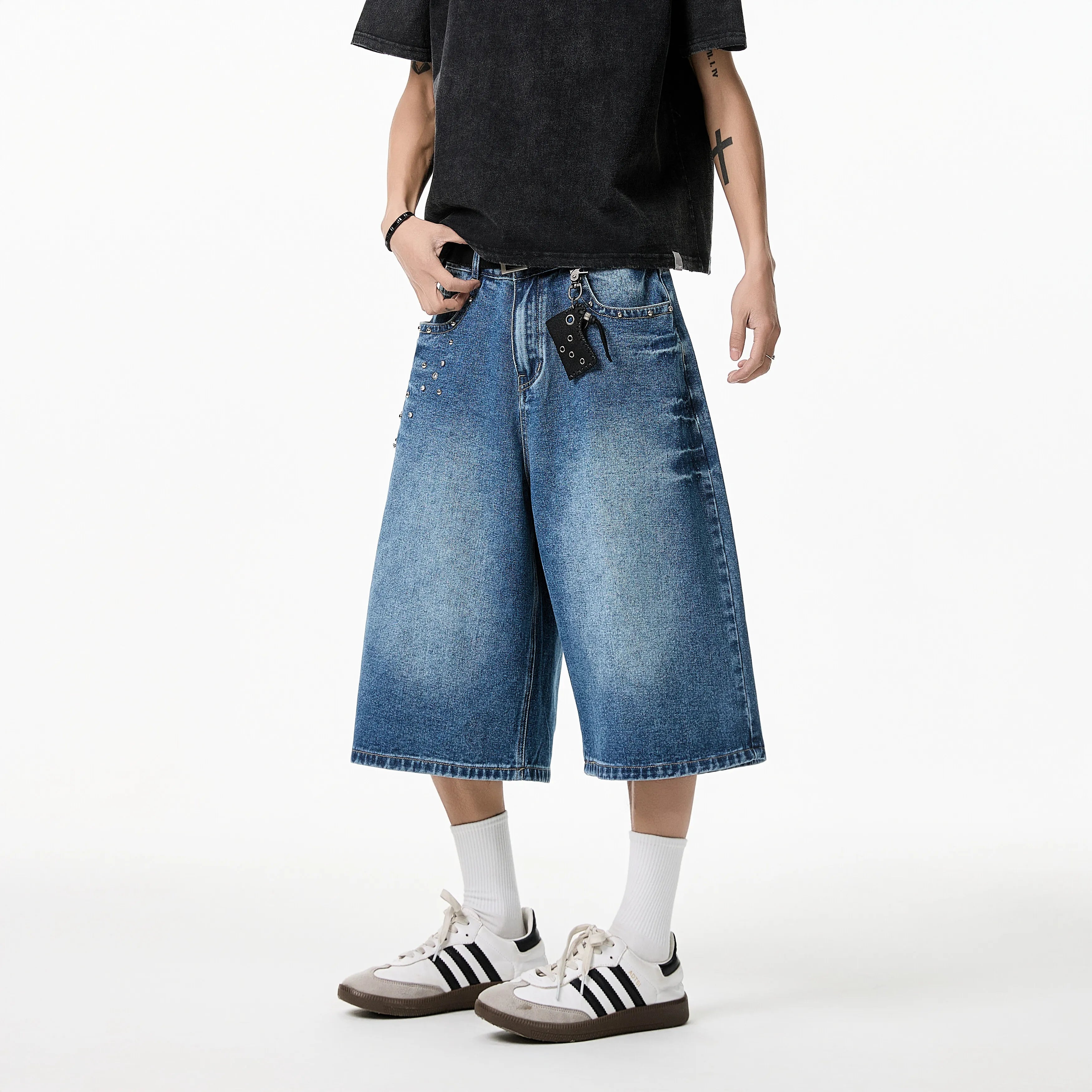 Threebooy Mens Calf length jeans Loose Fit Summer Studded Rivet Casual Streetwear Lightweight Comfort Cool Trendy 2023 Fashion weid leg