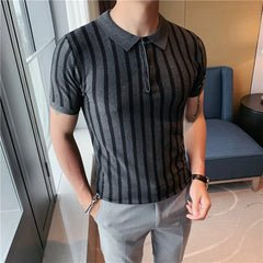 Threebooy Men Ice Silk Thin Openwork Knit Lapel Short Sleeve Men's T Shirt Slim Hole Polo Shirt Blue/ Mens Polo Shirts with Short Sleeve