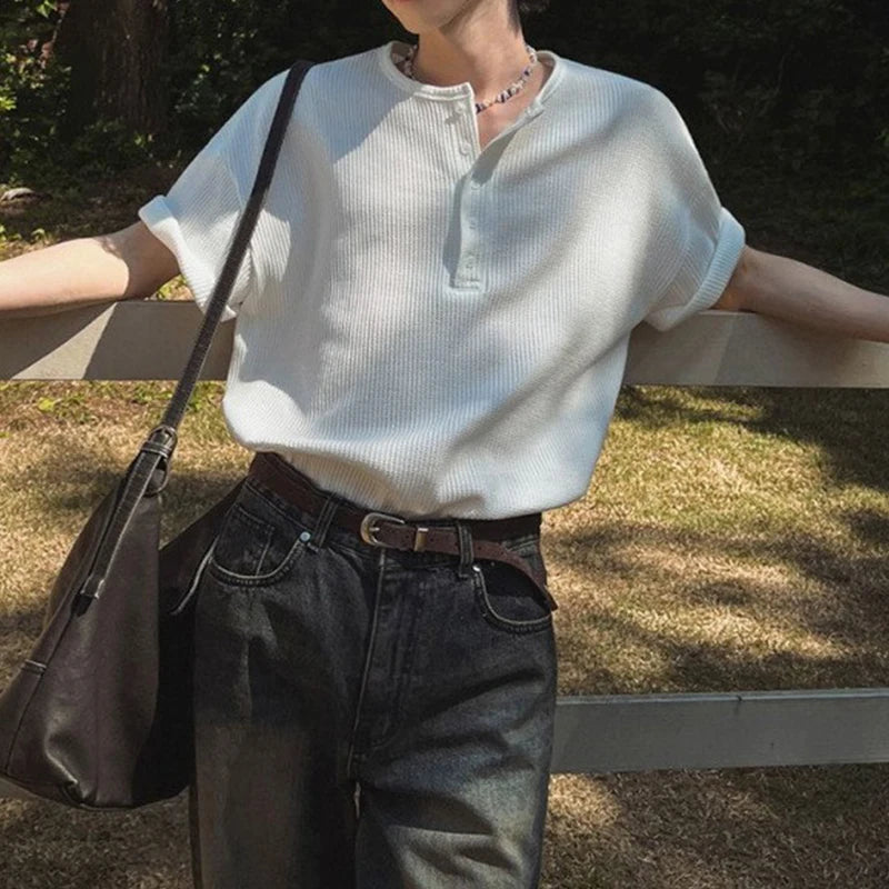 Threebooy  New Fashion Korean Style Men T-shirt Light Luxury Henry Collar Tops Casual Loose High Quality Solid Color Half Sleeve Tees M-2XL