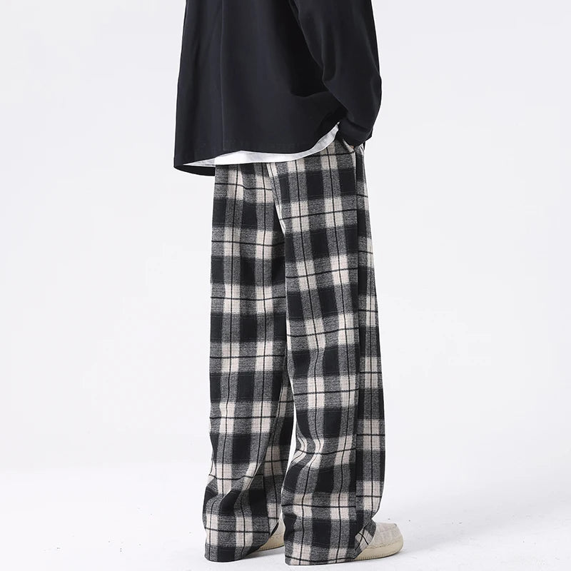 Threebooy Told Tale Plus Size Spring Casual Plaid Pants Men Wide Leg Couple Straight Pantalones Harajuku Mopping Oversize 8XL 7XL