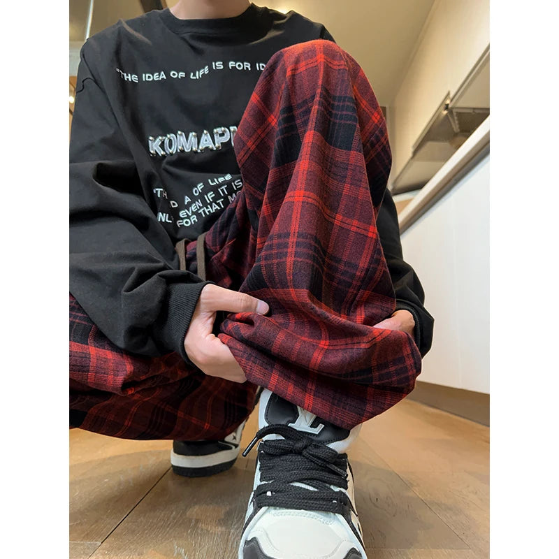 Threebooy  Autumn Plaid Pants Men Oversized Fashion Retro Casual Pants Men Streetwear Hip-hop Loose Wide Leg Pants Mens Vintage Trousers