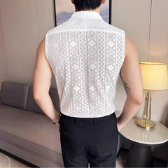 Threebooy  Summer New Men's Hollowed Out Sleeveless Vest Shirt Fashionable Social Nightclub Shirt High-quality Slim Fit Shirt