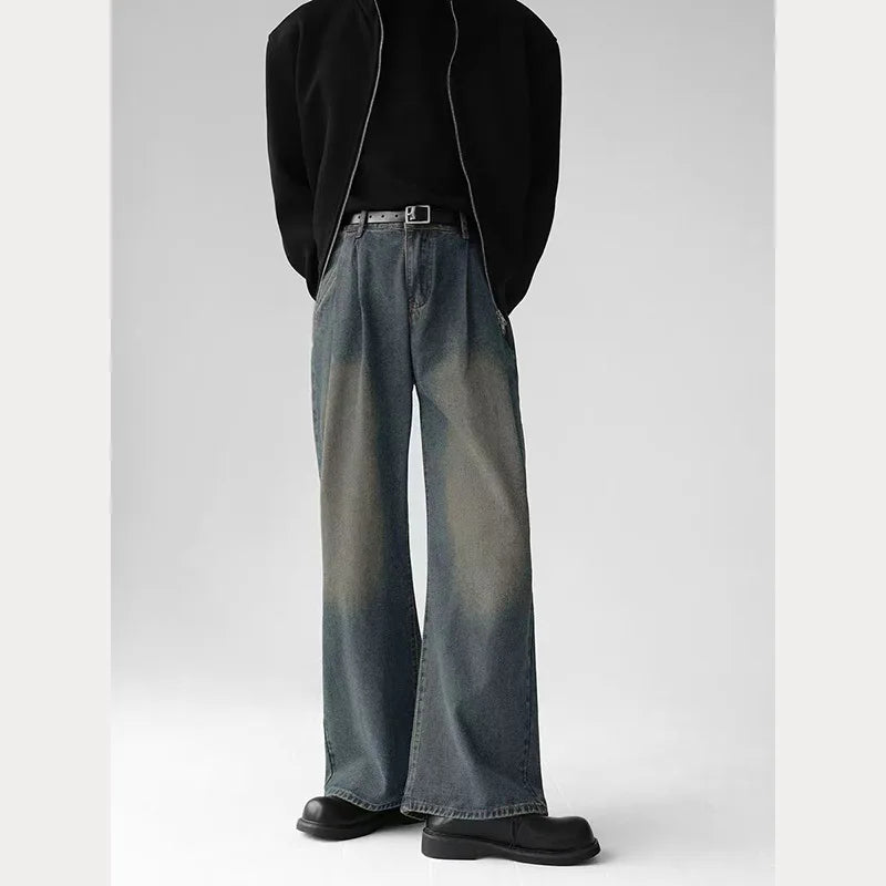 Threebooy American retro loose jeans men's women's wide leg pants long pants with hanging feel straight leg floor length pants