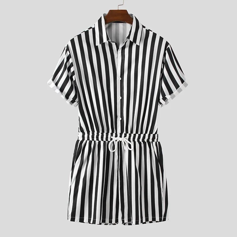 Threebooy  Men's Striped Romper Shorts Fashion Casual Playsuit Short Sleeve Button-down Shorts Lapel Jumpsuit Drawstring Streetwear S-3XL