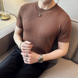 Threebooy  Clothing New Summer Men T-shirt Knitted Short Sleeves Top Men's Solid Color O-neck Pullover Thick Slim Knitted Tees S-3XL