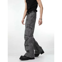 Threebooy American high street hip-hop men and women trendy personality straight leg multi pocket jeans couple loose retro casual pants