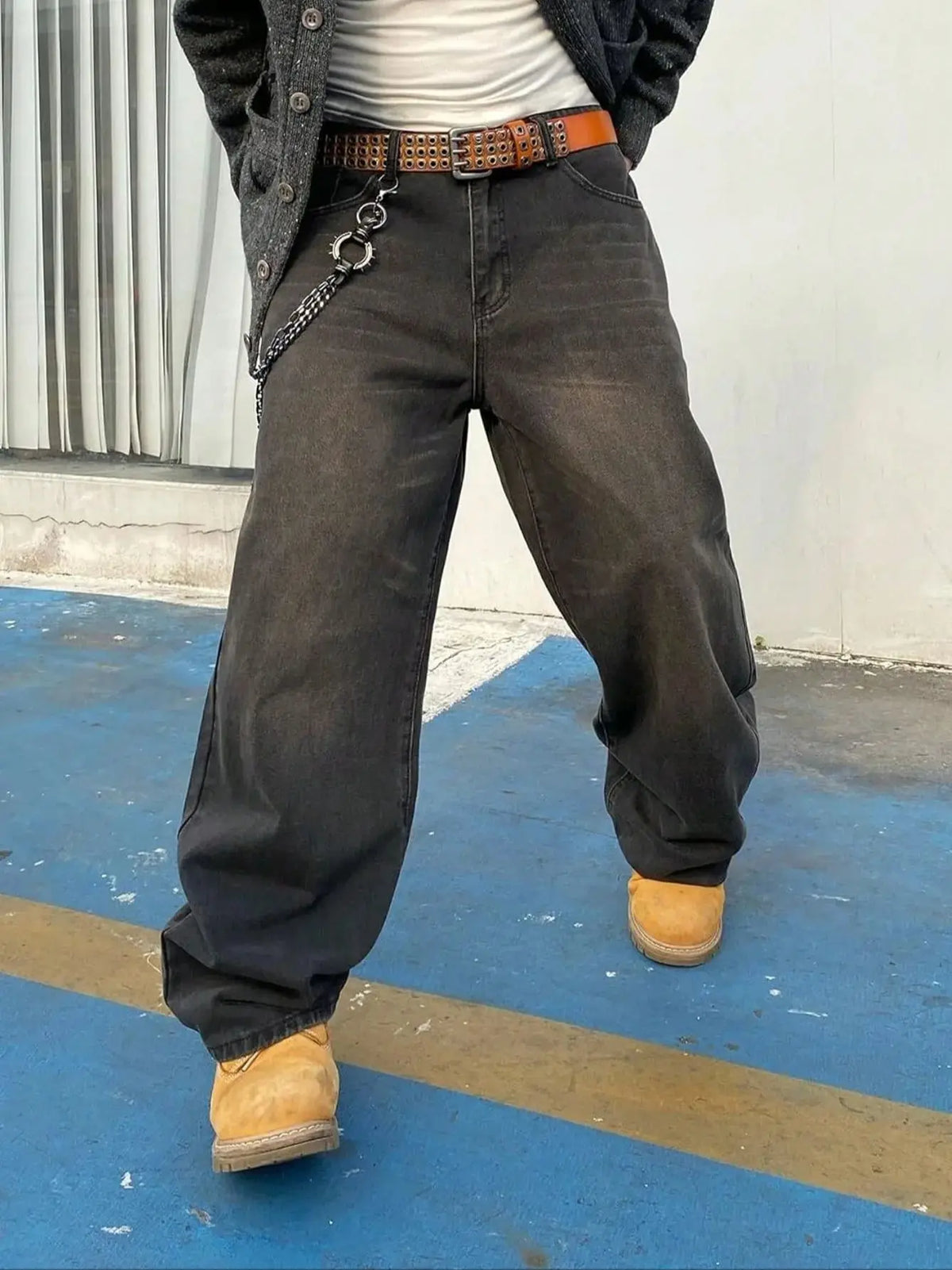 Threebooy  1Pc Men's Wide Pants Brushed Jeans Wide Jeans Y2K New Rocks Jeans Buggy Black Hip-Hop Pants