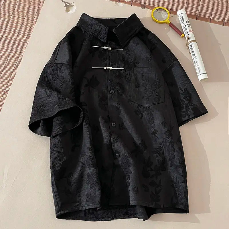 Threebooy Summer Short-sleeved Shirt Men's New Chinese Men's National Trend Shirt Loose Large Size Metal Button Couple's Top Aesthetic