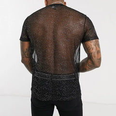 Threebooy  Men's Short Sleeve Mesh T Shirt Sheer Slim Fit Shiny Sexy See-through Party Nightclub Thin Breathable Clothing Leisure Tees