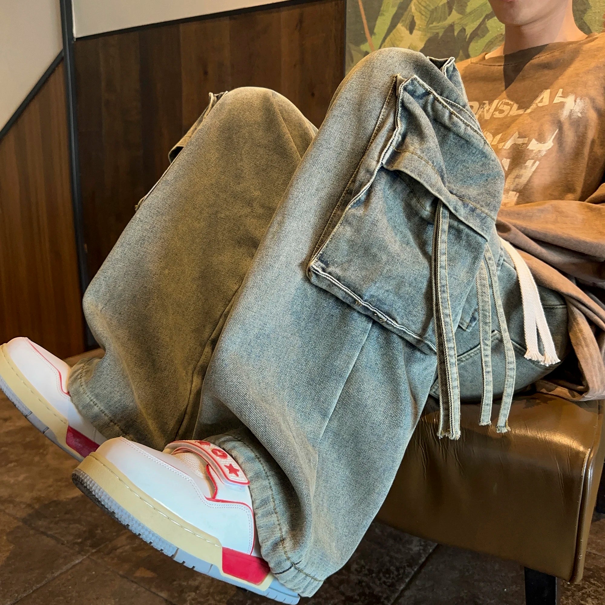 Threebooy Multi-pockets Ribbons Jeans Men Wide Leg Denim Pants Straight Baggy Men's Cowboy Hip Hop Streetwear Neutral Mopping Trousers