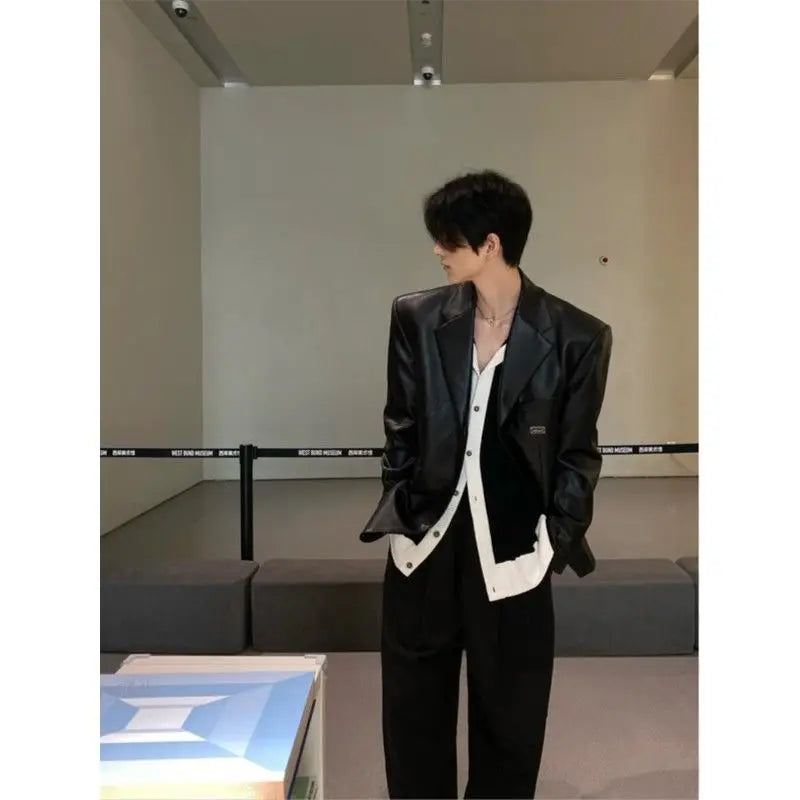 Threebooy American Leather Jacket Retro Outfit Handsome High-end Men's Niche Shoulder Pad Suit Black PU Leather Jacket Chic Streetwear