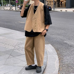 Threebooy  Spring Summer Men's Japanese Style 3 Piece Workwear Vest Set Trendy Cool High Quality Casual Outfit