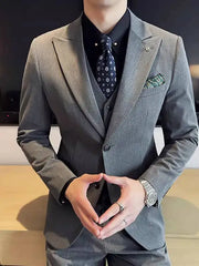 Threebooy  2 Pieces Handsome Two-Button Suit Set For Men, Korean Style Slim Fit Gun Lapel Casual Business Blazer