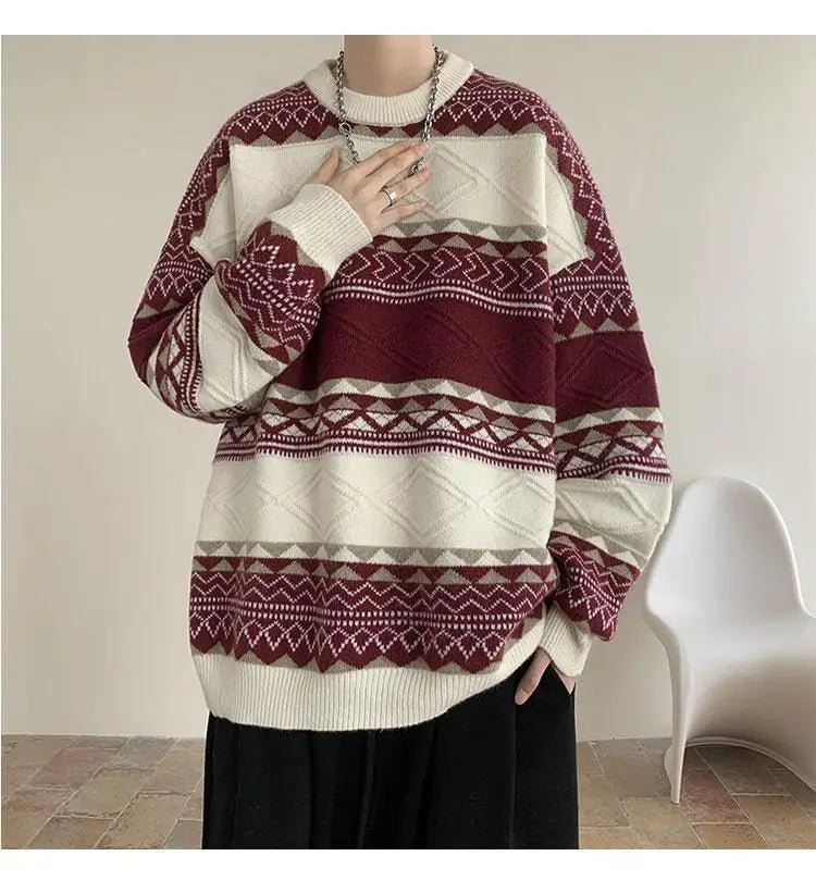 Threebooy Autumn and Winter Round Neck Sweater for Men Casual Trendy Brand Streamer Lazy Style Contrast Striped Knitted Sweater