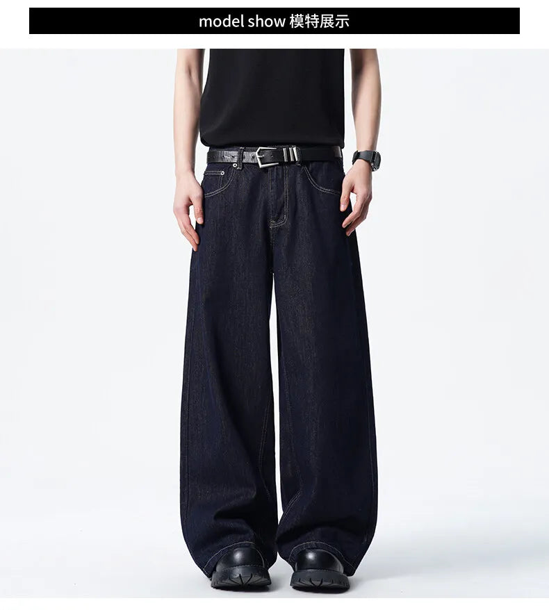 Threebooy Men Dark Blue Loose Drag Floor Length Jeans Classic Straight Leg Denim Pants Wholesale Hot Sale Minimalist Casual Streetwear