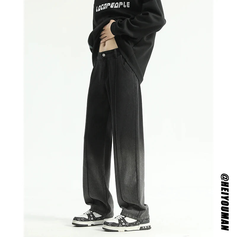 Threebooy Pink Jeans Men Fashion Retro Black Casual Jeans Men Streetwear Hip-hop Loose Straight Jeans Mens Vintage Denim Trousers