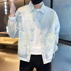 Threebooy  Spring Autumn Fashion Turn-down Collar Long Sleeve Solid Color Men's Clothing Sunscreen Breathable Pockets Button Trend Thin Top