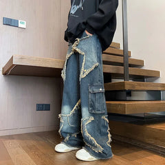 Threebooy Trendy Star-printed Men's Jeans Loose-fit Hip-hop Style Casual Trousers Wide-leg American Style Functional Working Pants