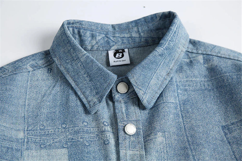 Threebooy Vintage Print Denim Shirts Mens Streetwear Long Sleeve Shirt for Men Harajuku Loose Casual Cotton Blouse Jeans Coats