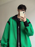Threebooy Knitted Sweaters for Men Aesthetic Jacket Man Clothes Cardigan Coat Zip-up Zipper Collared Green Knitwears Cotton Mode Neck A S