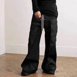 Threebooy  Wide Leg Drawstring Black Cargo Pants Unisex Straight Baggy Casual Overalls Men's Streetwear Loose Oversized Trousers