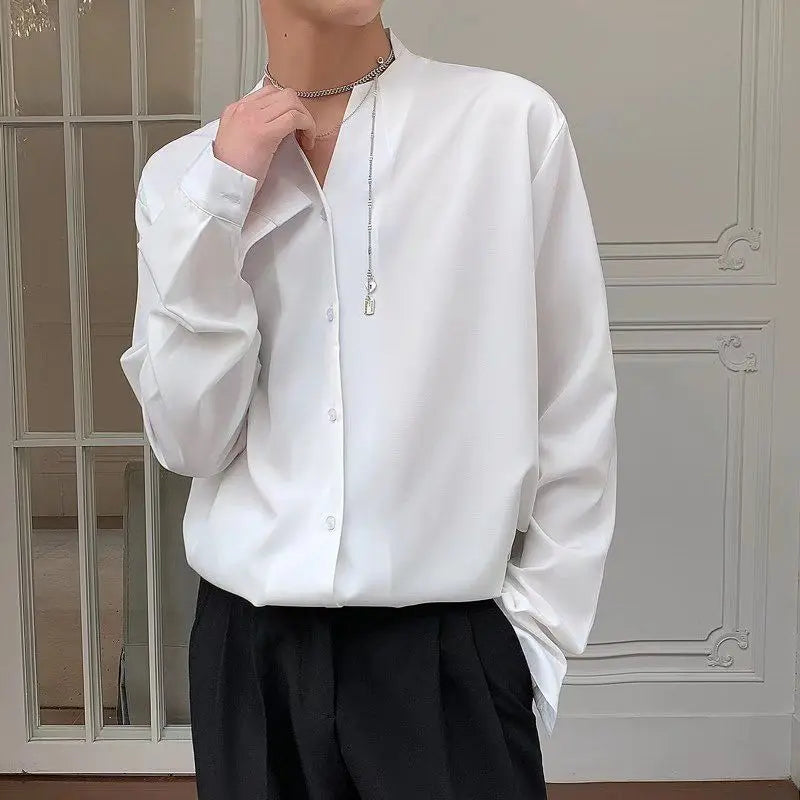 Threebooy 2025 New Retro V-neck Shirt Temperament Solid Color Long-sleeved Drooping White Shirt Korean Loose Trendy Top Aesthetic Chic