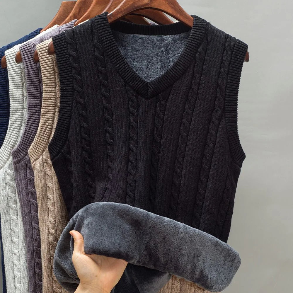 Threebooy Simple Vintage Padded Vest Warm Sweater Vest Sleeveless Knitted Wool Vest Autumn Winter Thickened Plus Fleece Waistcoat
