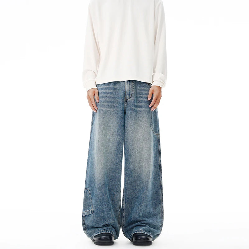 Threebooy Multi-pocket Loose Wide-leg Jeans Men's Cotton Vintage Washed Denim Pants Hip-hop Fashion Y2K Streetwear Autumn Casual Trousers