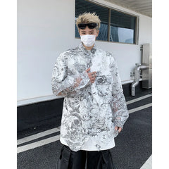 Threebooy Fashion Hollow out Printed Shirt Men Long Sleeve Transparent Casual Loose Tops Streetwear Lapel Tops Sun-proof Clothing