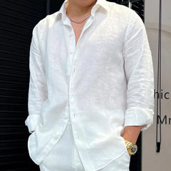 Threebooy  Spring Summer New High-end Linen Solid Color Long Sleeved Shirt Men's Loose and Versatile White Top Shirt