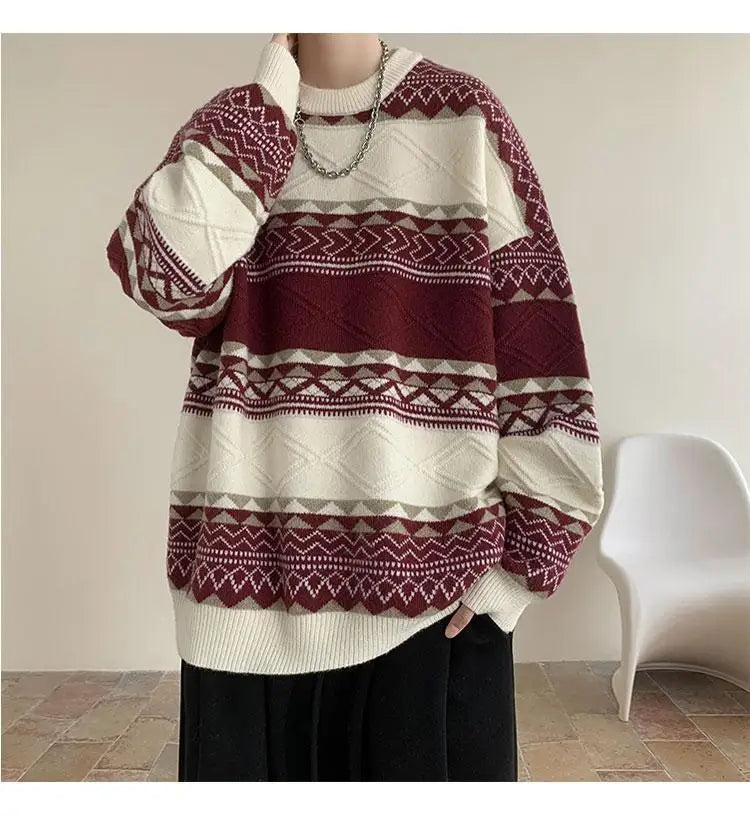 Threebooy Autumn and Winter Round Neck Sweater for Men Casual Trendy Brand Streamer Lazy Style Contrast Striped Knitted Sweater
