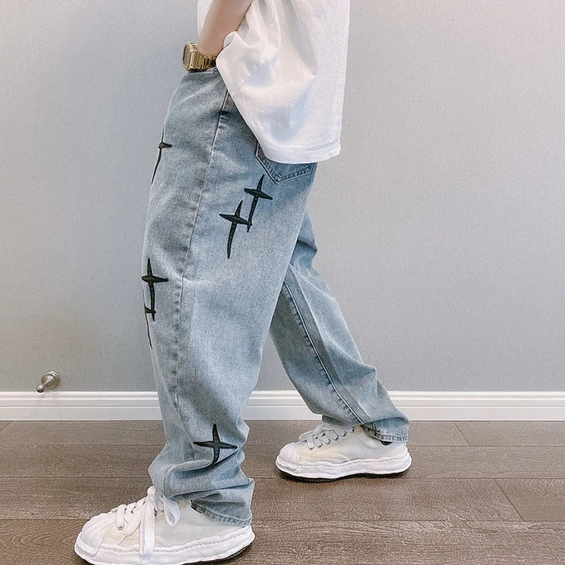 Threebooy  Prints Jeans Men New Streetwear Baggy Wide Leg Jeans Korean Fashion Drapes Straight Casual Loose Denim Cargo Pants