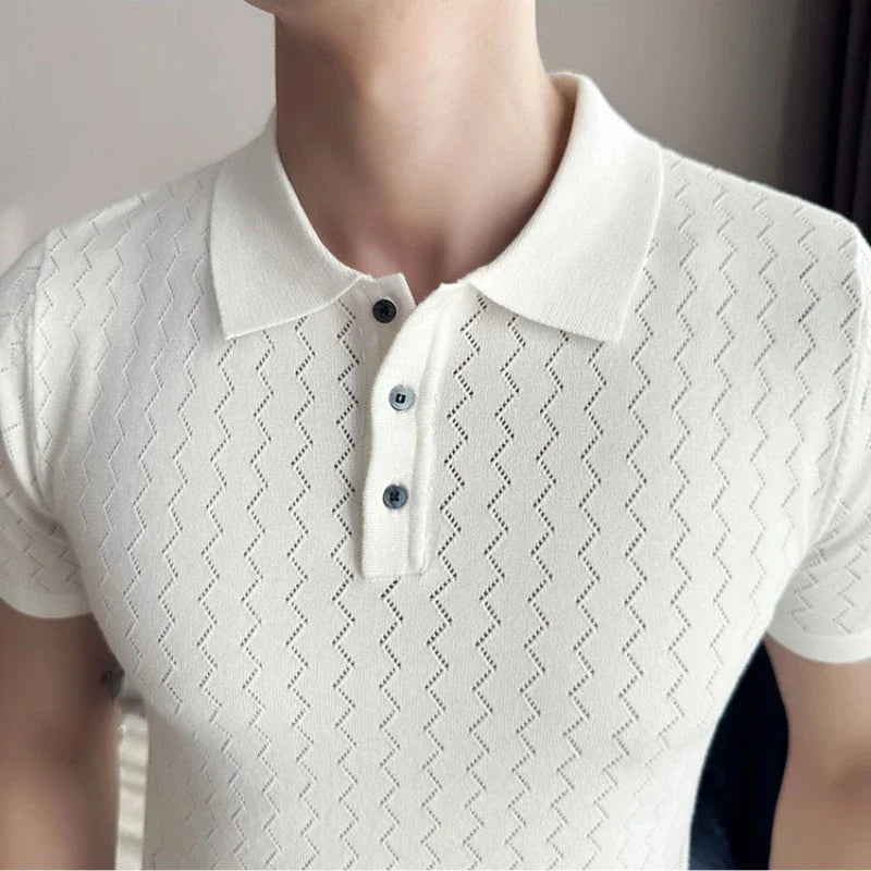 Threebooy Ice Silk Wave Striped Knitted Lapel Short Sleeve Men's T-shirt Slim Hole Polo Shirt Gray ,polo Golf Shirt