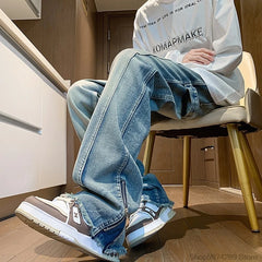 Threebooy Autumn Side Zipper Jean Pants New Fashion  men streetwear Jeans Loose Straight Denim Pant Mens Vintage All-match Trousers