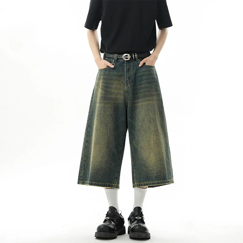 Threebooy  Oversized Baggy Men's Denim Shorts Summer Fashion Retro Casual Loose Wide-leg Calf-length Jeans Harajuku Y2K Streetwear Pants