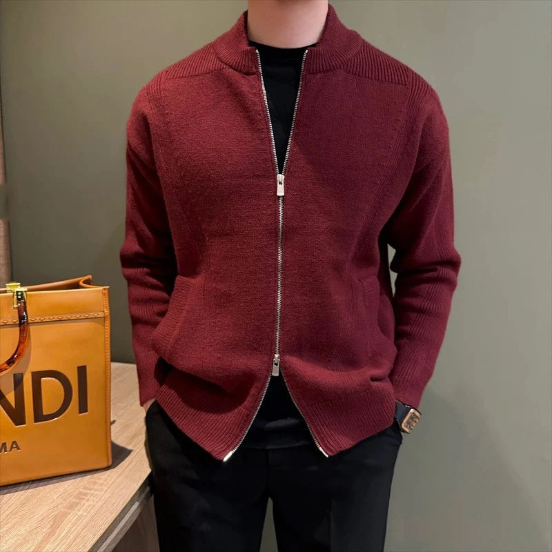 Threebooy  Japanese Stand Collar Men Cardigan Jacket Light Luxury Trendy Knitted Zip-up Long Sleeve Sweater Coat Premium Quality Knitwear
