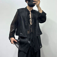 Threebooy Mens Autumn Winter Dark Sexy See-Through Fake Two-Piece Vest New Fashion Printed Stitching Hollow Stand-Up Collar Shirt Unisex