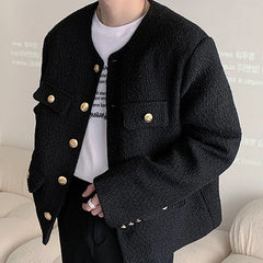Threebooy Korean Style Fashionable Tweed Round Neck Jacket Men Japanese Trendy High-end Single-breasted Short Jacket with Temperament