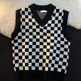 Threebooy Black White Checkerboard Plaid Print Vest Sweater Autumn Winter V Neck Men Preppy Style Harajuku Fashion Casual Oversize Knitted