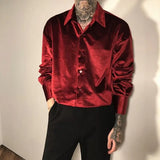 Threebooy Streetwear Fashion Men Satin Wine Red Shirt Spring Summer Lapel Long Sleeve Clothing Vintage Casual Loose Chic Versatile Tops