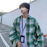 Threebooy Autumn Thick Woolen Shirt Men Fashion Retro Casual Oversized Plaid Shirts Mens Korean Blue/Green Loose Long-sleeved Shirt Men