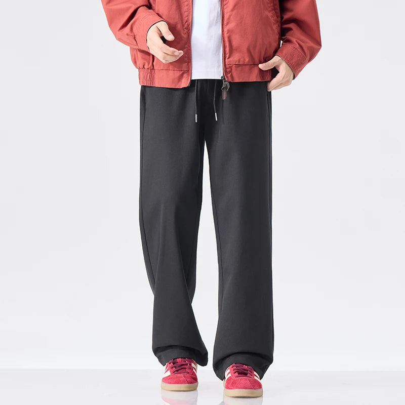 Threebooy  Casual Straight Pants Men Comfortable Loose Wide Leg Solid Color Fashionable Pants Drawstring Sweatpants Male Streetwear