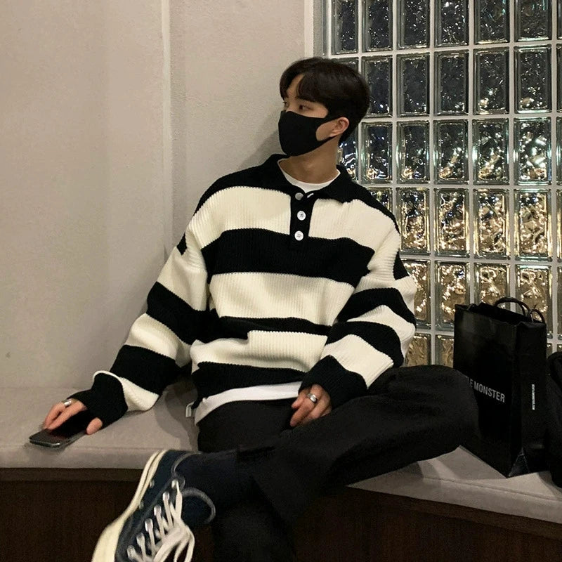 Threebooy  New Fashion Striped Men Polo Sweater Light Luxury Korean Popular Knitwear Premium Quality Long Sleeve Pullover Trendy Streetwear