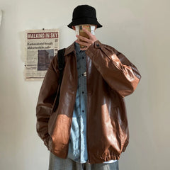 Threebooy Autumn Street Trendy PU Leather Jacket Casual Textured Locomotive Zipper Turn-down Collar Solid Color Long Sleeve Men's Coats
