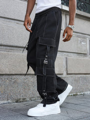 Threebooy  Men's Street Style Multi-Pocket Work Trousers Loose Straight Leg Casual Urban Fashion Suitable for All Seasons