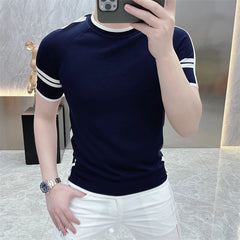 Threebooy  Summer Knitted Striped T-shirt for Men Elastic Ice Silk Short Sleeve Round Neck T-shirt Slim Fit Casual Business Tee Tops M-4XL