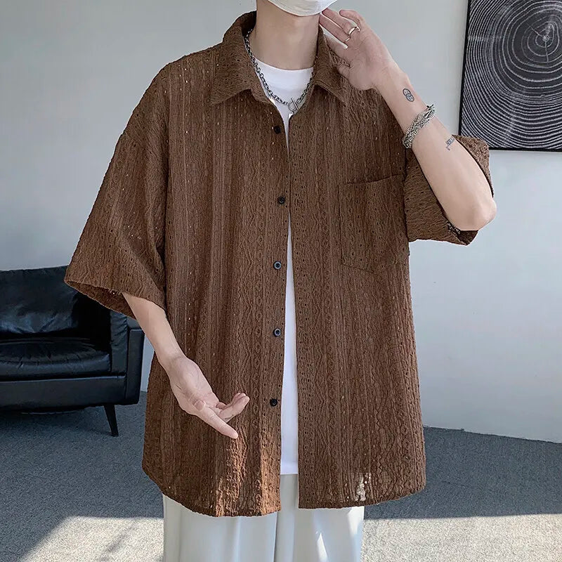 Threebooy  Summer Short Sleeved Shirt Men Casual White Shirt Men Streetwear Hip-hop Loose Hollow Shirt Mens Hawaiian Shirt Plus Size 5XL