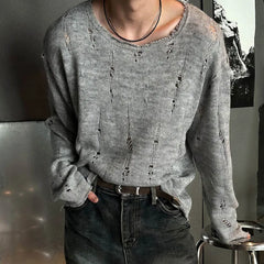 Threebooy  Men's Solid Color Ripped Long-Sleeved T-Shirt American Retro Fashion Trend High Street Loose Casual Breathable Niche Men's Tops